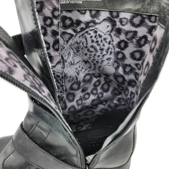 Born Alamid Black Leather Straps & Buckles Calf-High Lug Sole Moto Style Boots - Picture 9 of 12